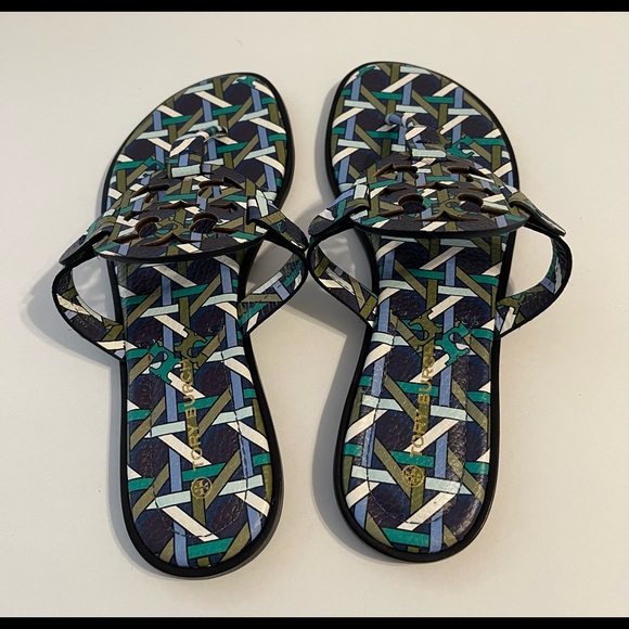Tory Burch Millers Sandals Navy Basket -Weave Logo Green  7 🩴💚🤍 - Picture 6 of 12